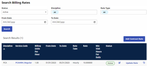The Billing tab displays search filters and results for billing with discipline, service code, and status information.